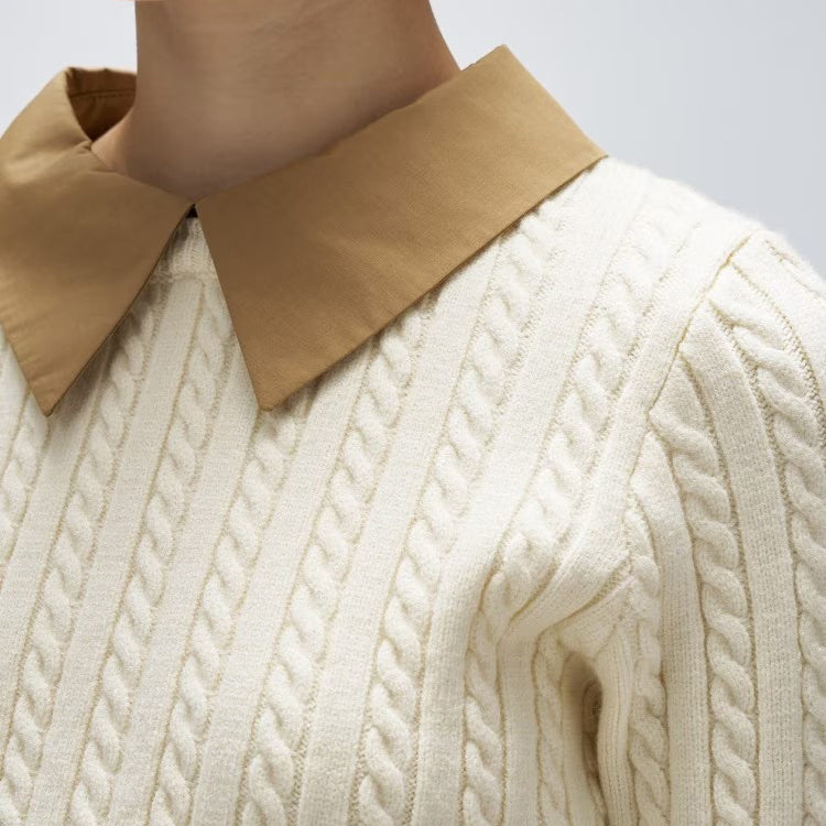 2WAY雙色細麻花針織上衣 - 米白｜cloenc