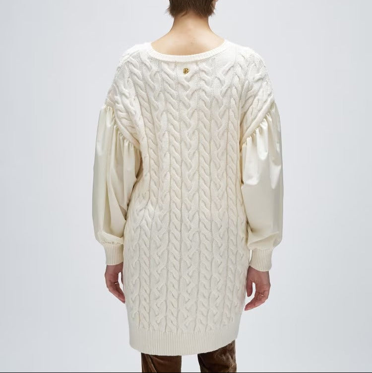 麻花針織拼接連身裙 - 象牙白｜cloenc