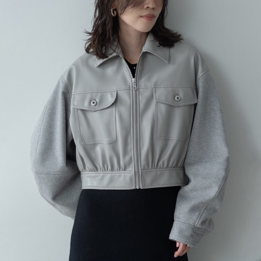 皮革質感拼接短版外套 - 淺灰｜GALLEST