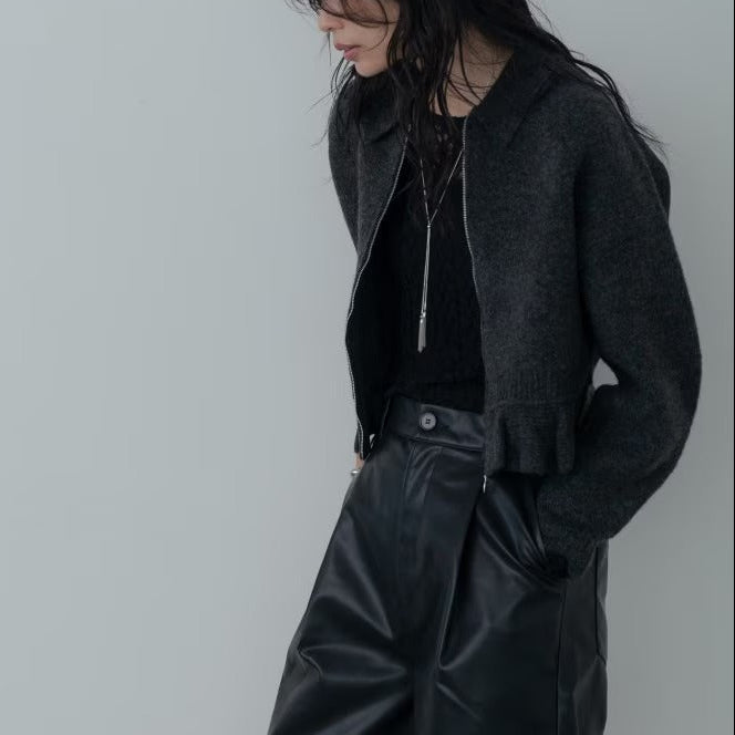 荷葉下擺拉鍊開襟衫 - 炭灰｜GALLEST