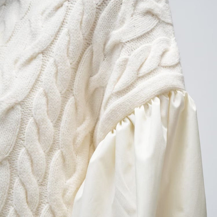 麻花針織拼接連身裙 - 象牙白｜cloenc