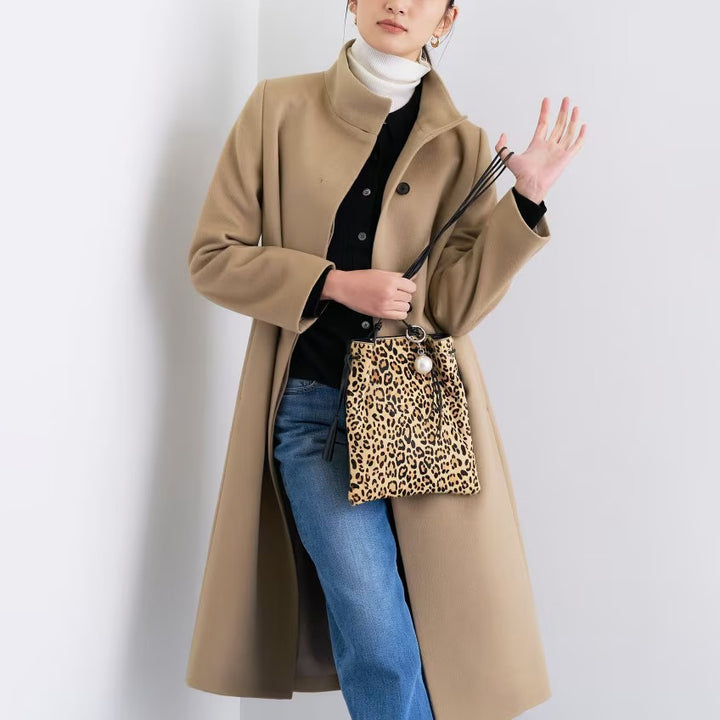 100％羊毛立領長版大衣 - 卡其｜INDIVI 日本製