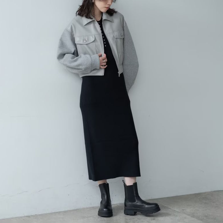 皮革質感拼接短版外套 - 淺灰｜GALLEST