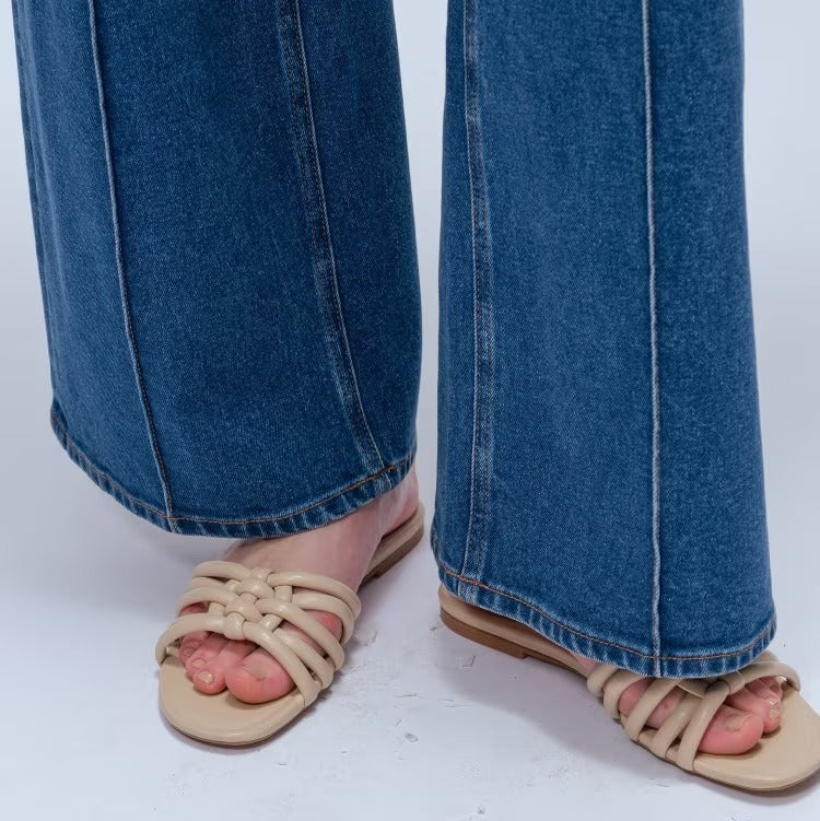 中線設計彈性丹寧寬褲 - 淺藍｜cloenc