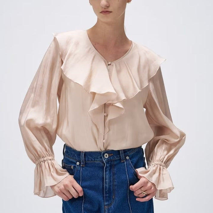 柔美荷葉V領襯衫 - 粉膚｜cloenc