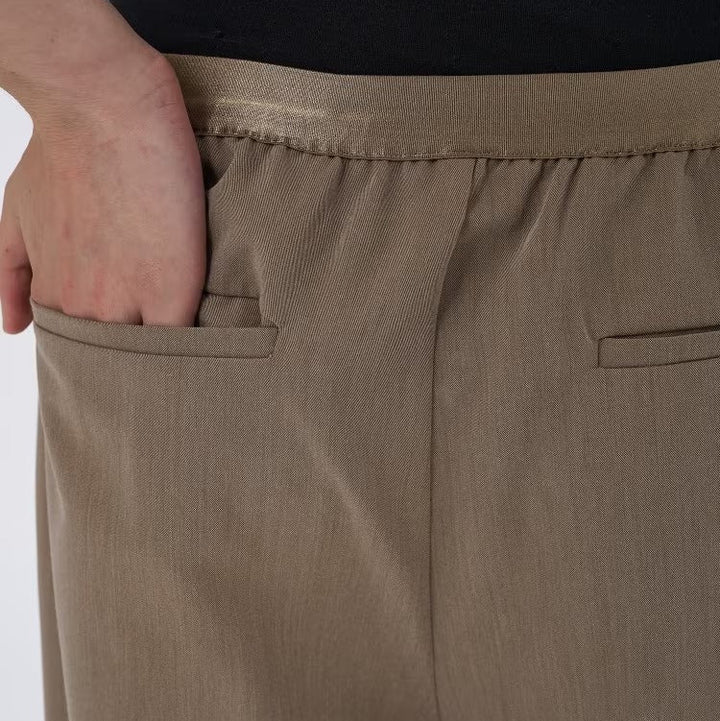 打褶設計鬆緊腰帶寬直筒褲 - 灰米｜cloenc