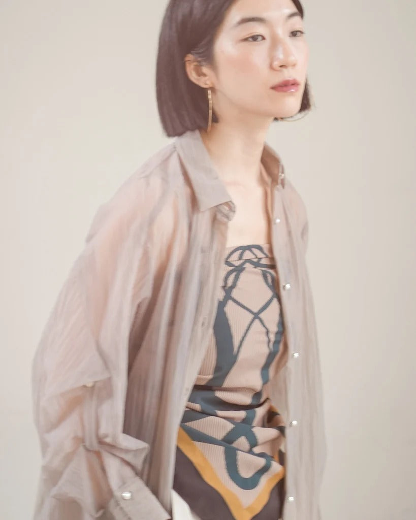 褶皺薄紗綁帶襯衫 - 灰褐｜Lallia Mu 日本製