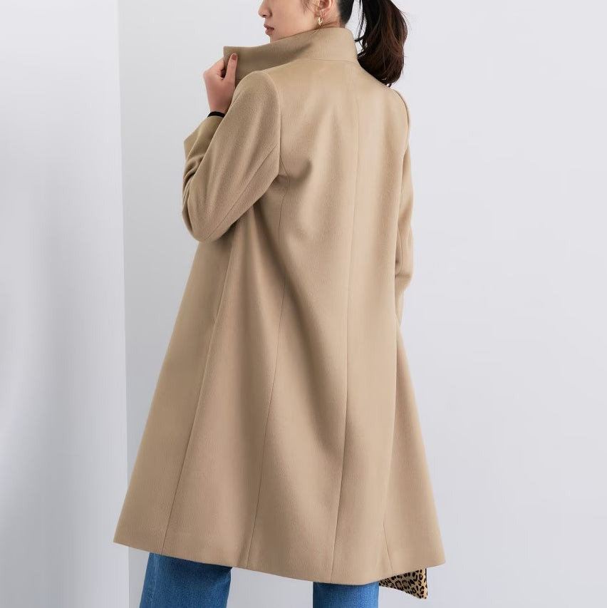 100％羊毛立領長版大衣 - 卡其｜INDIVI 日本製