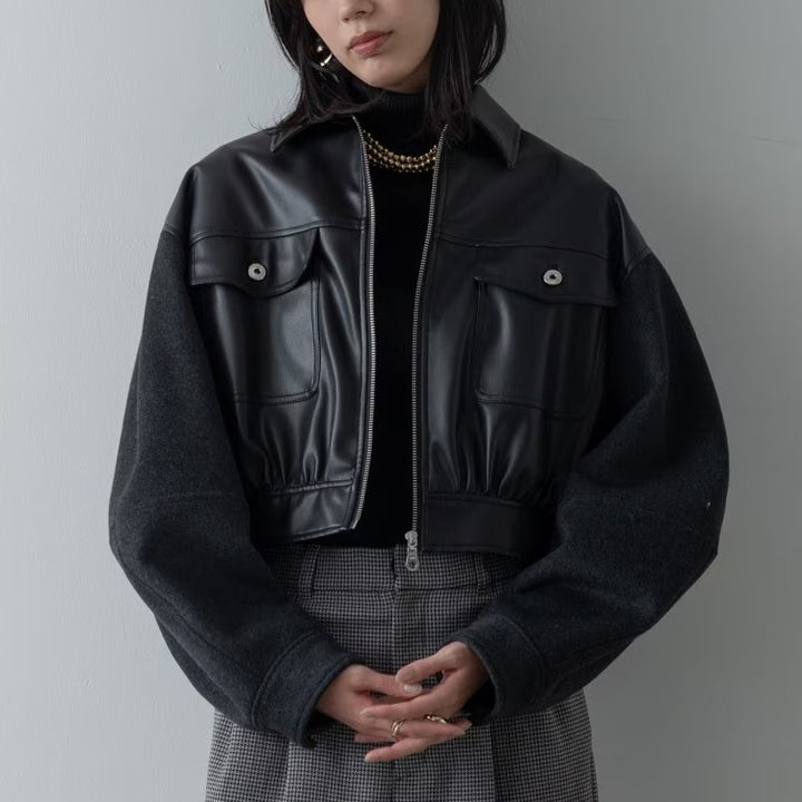 皮革質感拼接短版外套 - 黑｜GALLEST
