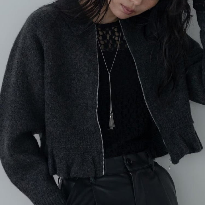 荷葉下擺拉鍊開襟衫 - 炭灰｜GALLEST