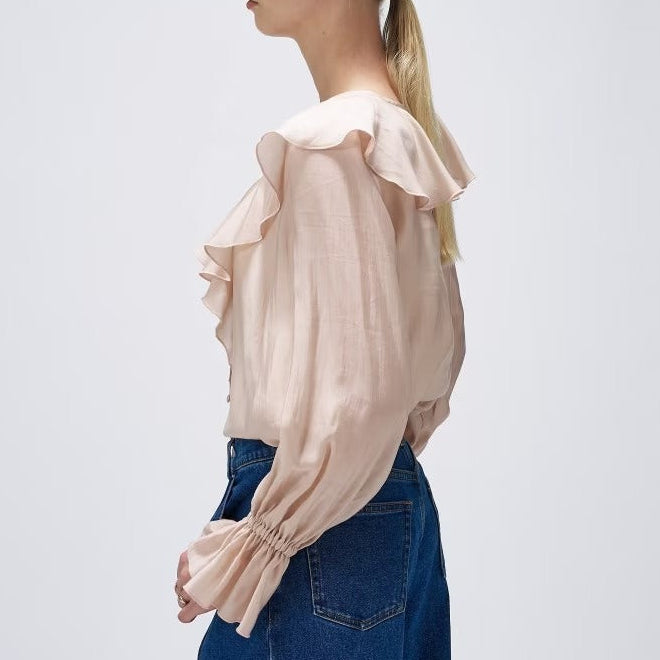柔美荷葉V領襯衫 - 粉膚｜cloenc