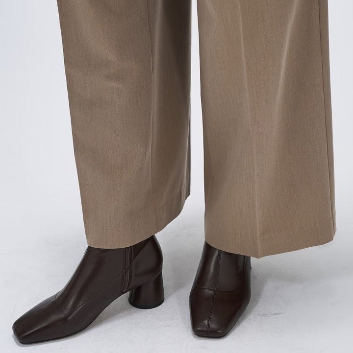 打褶設計鬆緊腰帶寬直筒褲 - 灰米｜cloenc