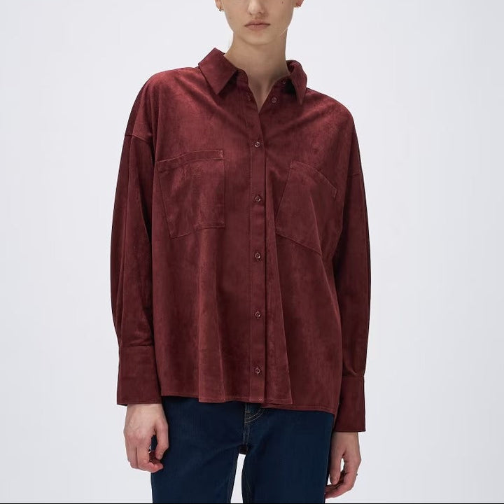 麂皮感雙口袋襯衫 - 酒紅｜cloenc