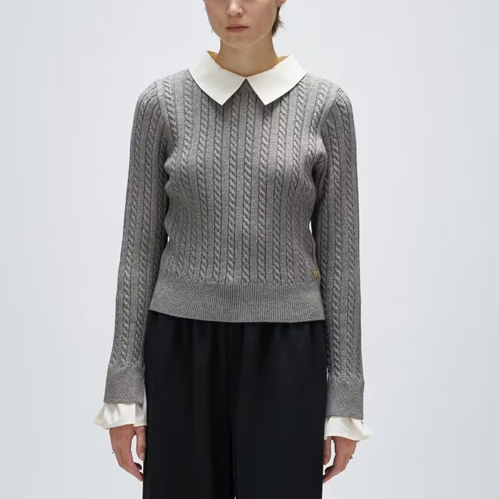 2WAY雙色細麻花針織上衣 - 灰｜cloenc