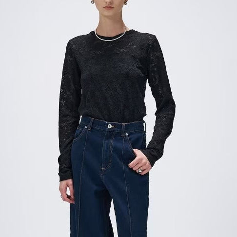 花卉蕾絲圓領長袖上衣 - 黑｜cloenc