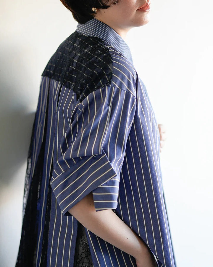 蕾絲拼接條紋襯衫 - 深藍｜Lallia Mu