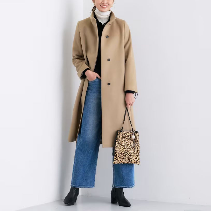 100％羊毛立領長版大衣 - 卡其｜INDIVI 日本製