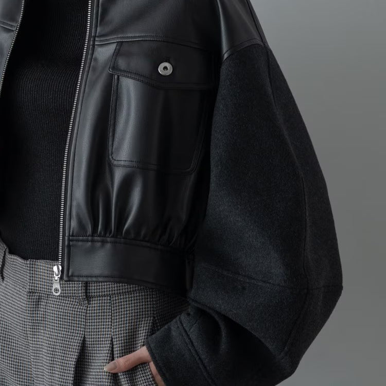 皮革質感拼接短版外套 - 黑｜GALLEST