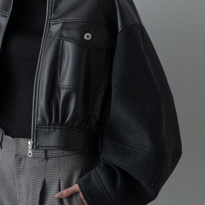 皮革質感拼接短版外套 - 黑｜GALLEST