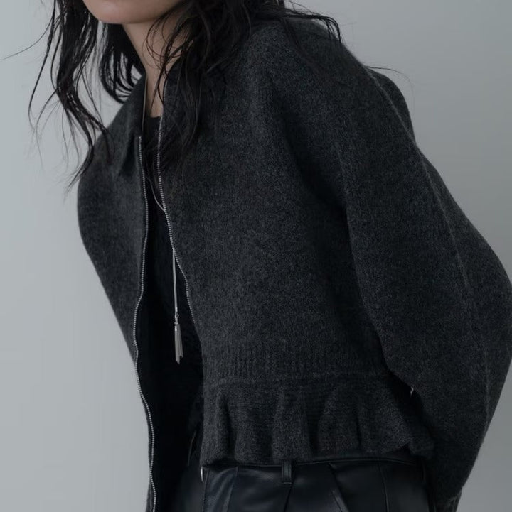 荷葉下擺拉鍊開襟衫 - 炭灰｜GALLEST