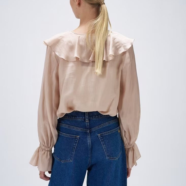 柔美荷葉V領襯衫 - 粉膚｜cloenc