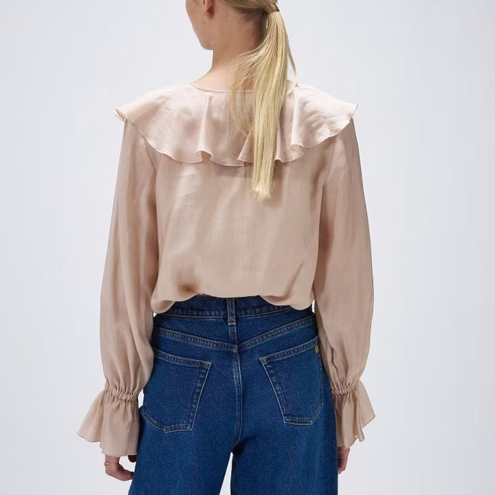 柔美荷葉V領襯衫 - 粉膚｜cloenc