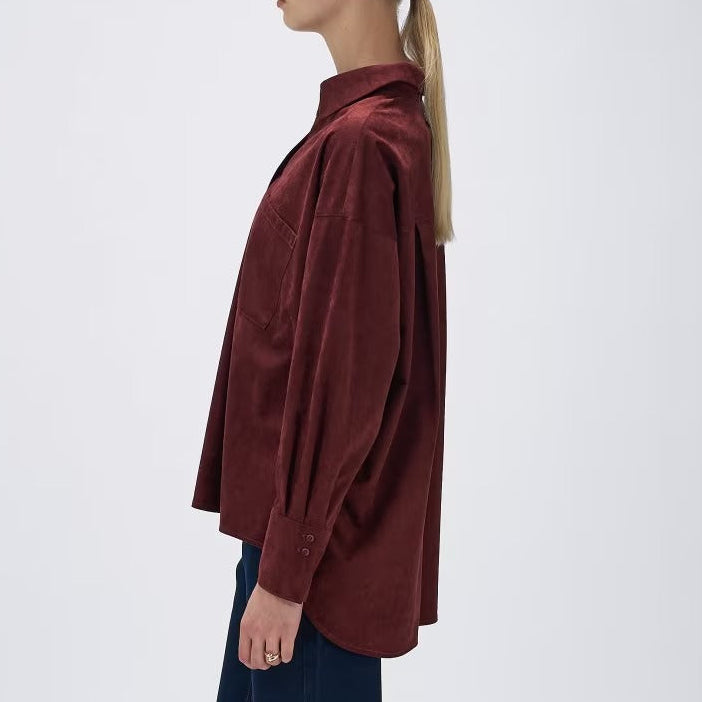 麂皮感雙口袋襯衫 - 酒紅｜cloenc
