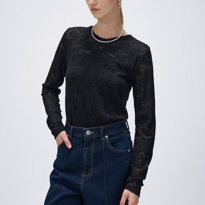 花卉蕾絲圓領長袖上衣 - 黑｜cloenc