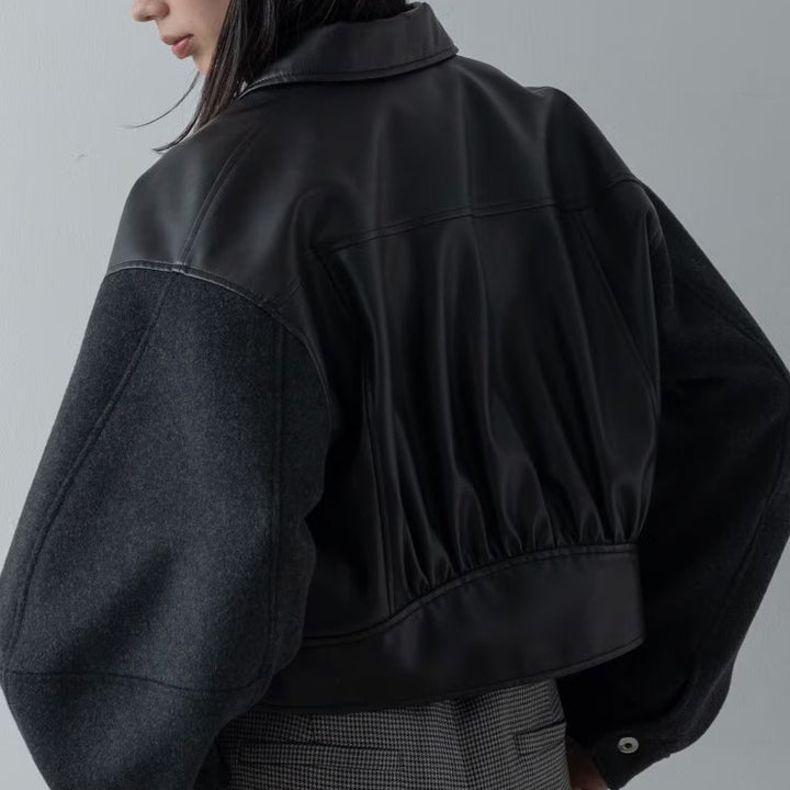 皮革質感拼接短版外套 - 黑｜GALLEST