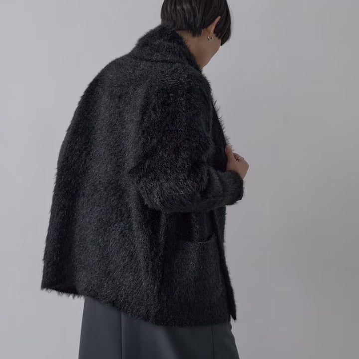 柔軟絨毛寬鬆V領開襟衫 - 黑｜GALLEST