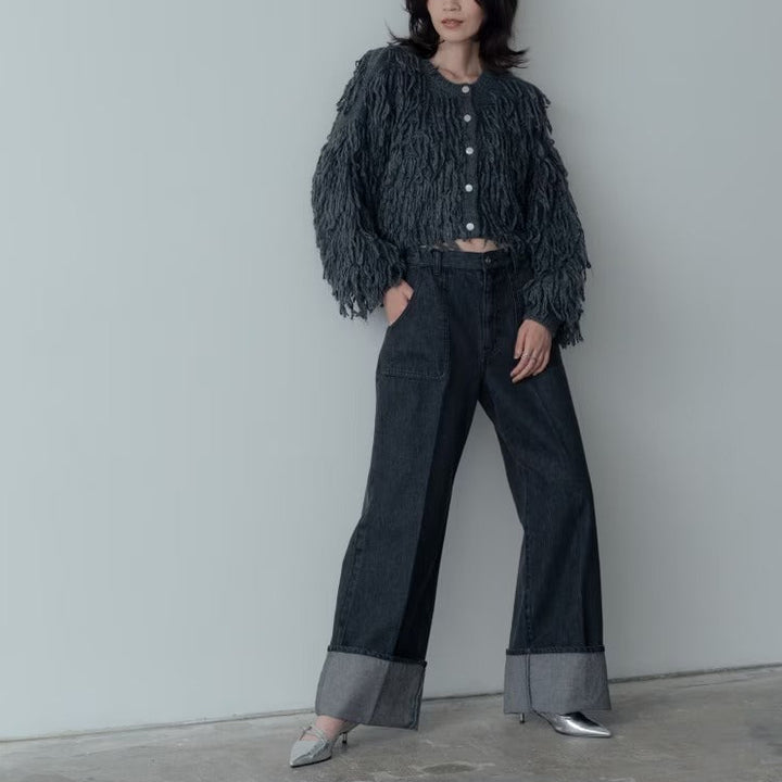 蓬鬆圈圈紗短版開襟衫 - 炭灰｜GALLEST