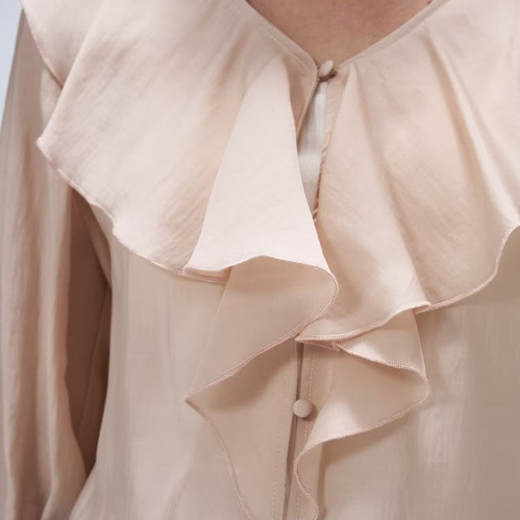 柔美荷葉V領襯衫 - 粉膚｜cloenc