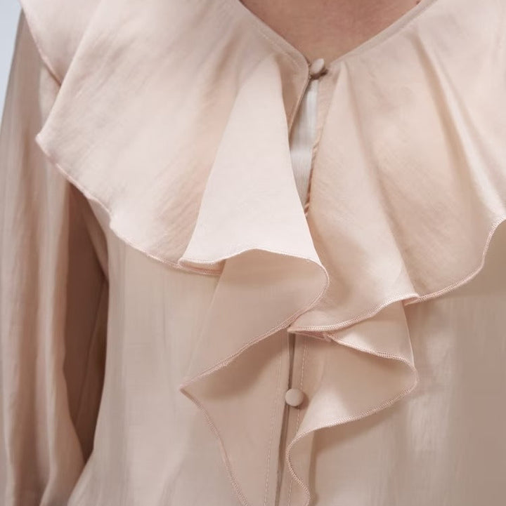 柔美荷葉V領襯衫 - 粉膚｜cloenc