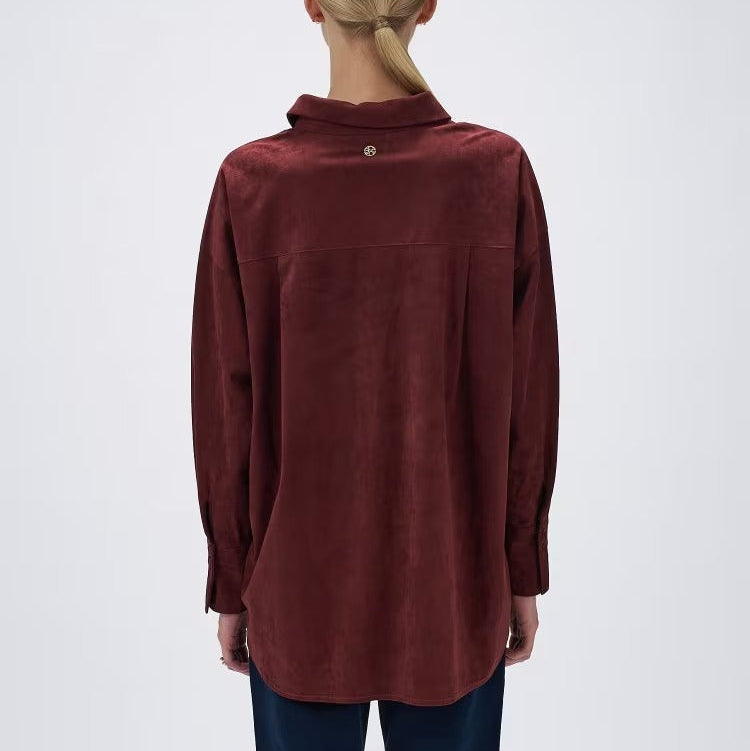 麂皮感雙口袋襯衫 - 酒紅｜cloenc