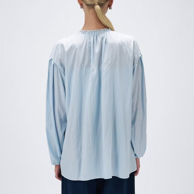 緞帶領打褶襯衫 - 淺藍｜cloenc