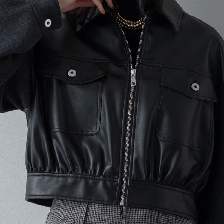 皮革質感拼接短版外套 - 黑｜GALLEST