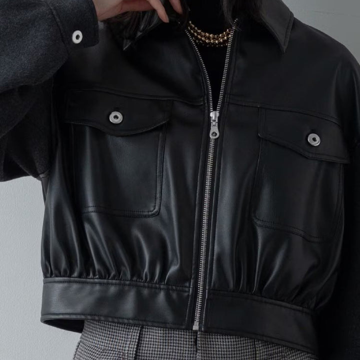 皮革質感拼接短版外套 - 黑｜GALLEST