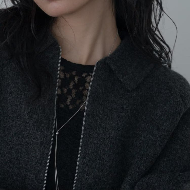 荷葉下擺拉鍊開襟衫 - 炭灰｜GALLEST