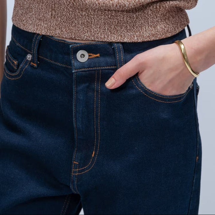 簡約彈性單寧喇叭褲 - 深藍｜cloenc