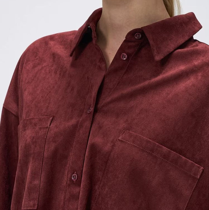 麂皮感雙口袋襯衫 - 酒紅｜cloenc