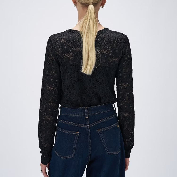 花卉蕾絲圓領長袖上衣 - 黑｜cloenc