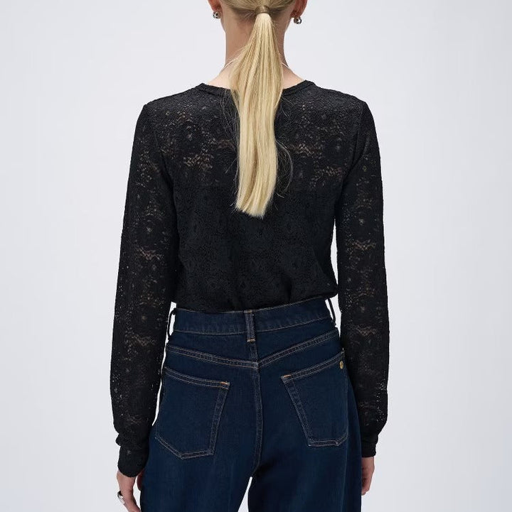 花卉蕾絲圓領長袖上衣 - 黑｜cloenc