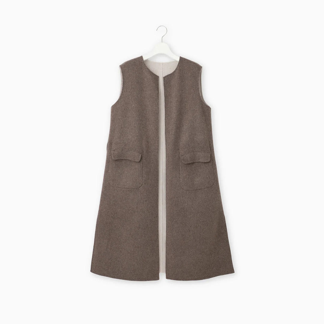 2WAY絨毛口袋背心長版外套 - 淺米｜BEATRICE