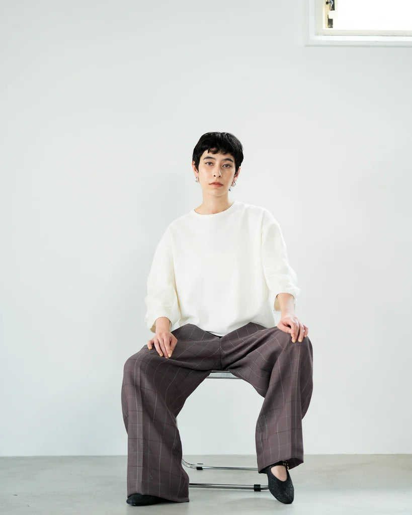 格紋打褶寬褲 - 棕｜Lallia Mu 日本製