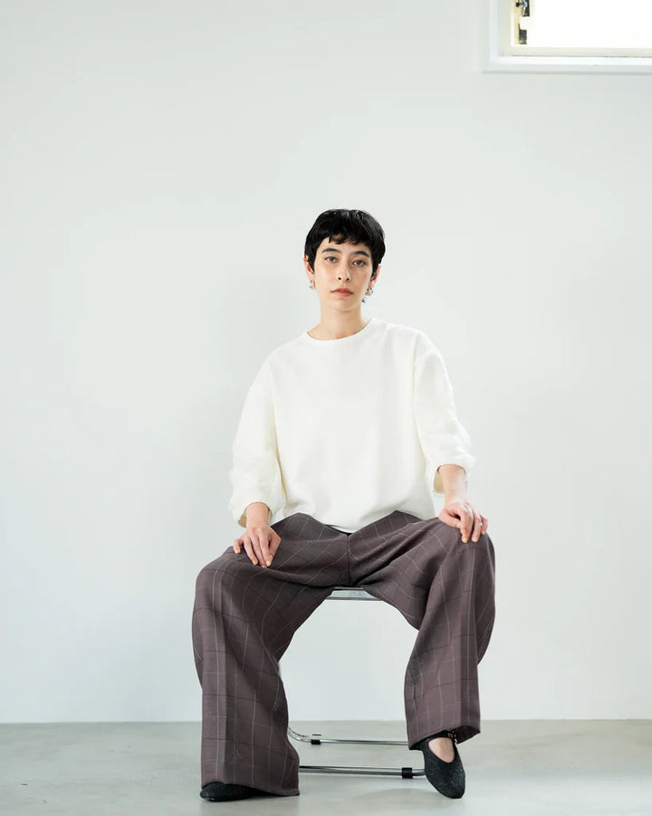 格紋打褶寬褲 - 棕｜Lallia Mu 日本製