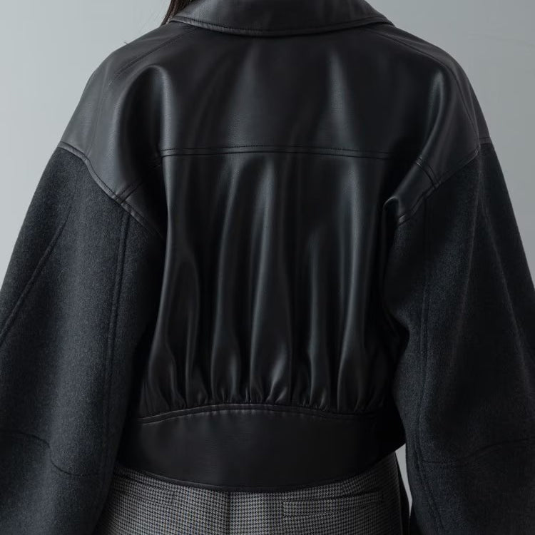 皮革質感拼接短版外套 - 黑｜GALLEST