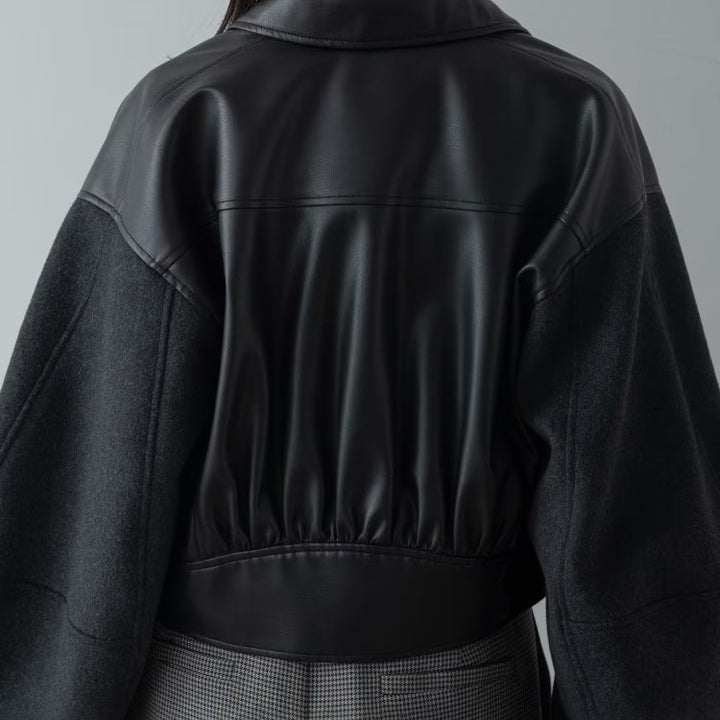 皮革質感拼接短版外套 - 黑｜GALLEST