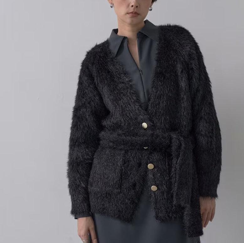 柔軟絨毛寬鬆V領開襟衫 - 黑｜GALLEST