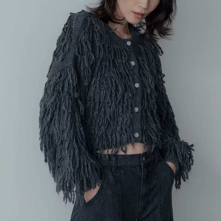 蓬鬆圈圈紗短版開襟衫 - 炭灰｜GALLEST