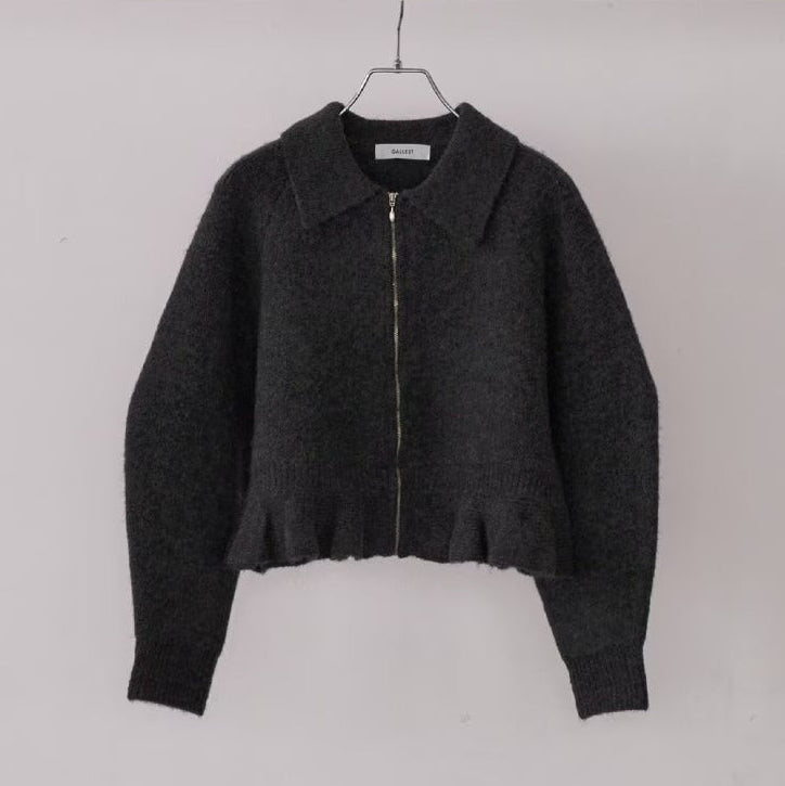 荷葉下擺拉鍊開襟衫 - 炭灰｜GALLEST